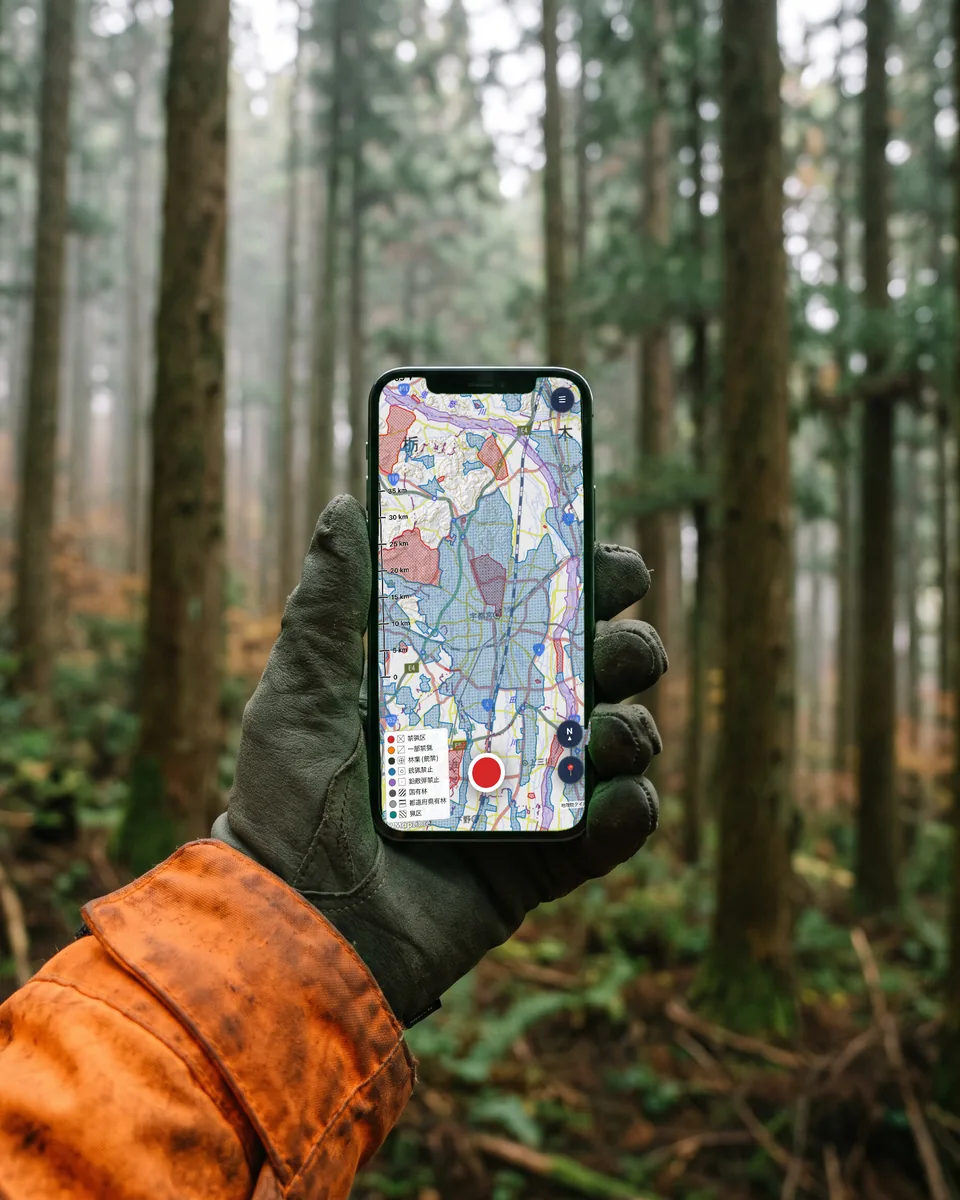 杉林で手袋をした手に持ったスマホにカリスマの地図（イメージ）